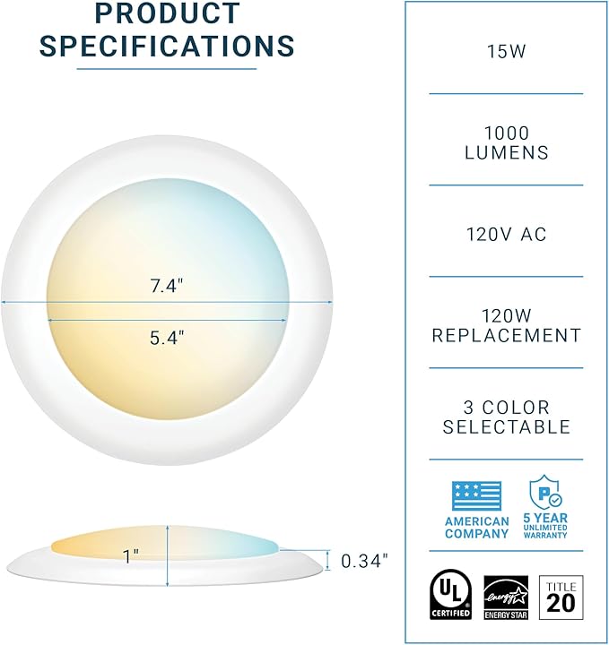 PARMIDA (24 Pack) 5/6 Inch Dimmable 3CCT LED Disk Lights, 15W Surface Mount Recessed Ceiling Lighting, 3 Color Selectable 3000K/4000K/5000K, 1050lm, J-Box Or Recessed Can Installation, UL-Listed
