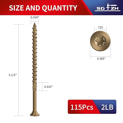 #10 x 3-1/2" Deck Screws (115Pcs) 2lb. Carbon Steel, Yellow, Flat Head, Rust Resistant epoxy Coated, with T25 Star Bit