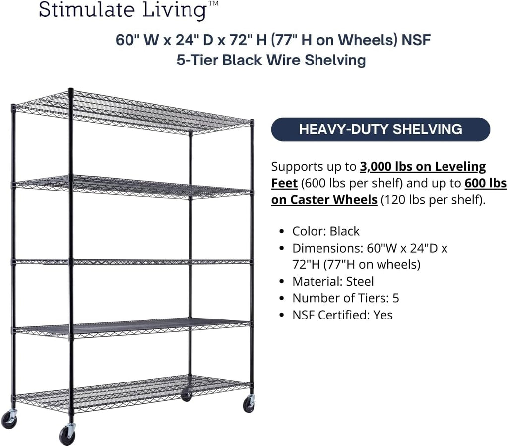 60"x24"x72" PRIME HEAVY DUTY Black 5-Tier Wire Shelving NSF 3000 LBS MAX Capacity Storage Rack for Commercial, School, Home, Garage, Warehouse, Industrial, and Hospital Uses (with Wheels)