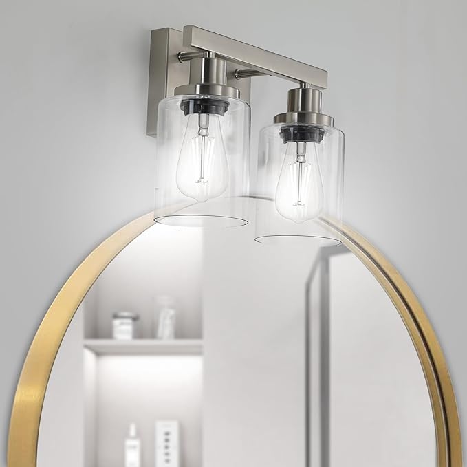 Bathroom Vanity Light, 2-Light Nickel Modern Matte Wall Sconce Lighting with Clear Glass Shade, Wall Lights,Bath Vintage Wall Mounted Lamps for Mirror Bedroom Living Room