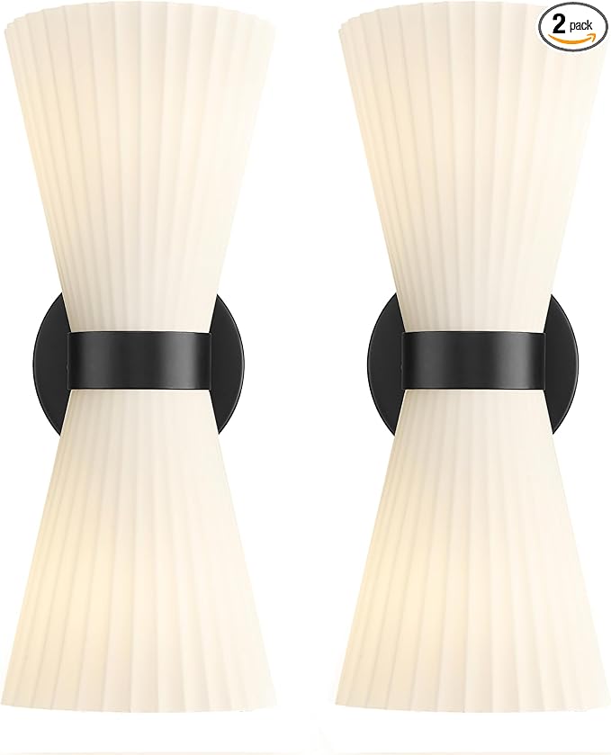 Black Wall Sconces Set of Two, HWH Modern Wall Light Fixtures Indoor Wall Lamp Up and Down, Matte Black Finish with Frosted Milk White Striped Glass Shade, 5HZG97B-2W-2PK BK