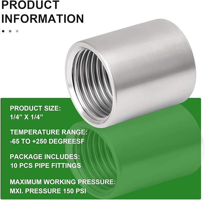 TAISHER 10PCS 304 Stainless Steel Cast Pipe Fitting, Coupling, 1/4" x 1/4" NPT Female Threaded