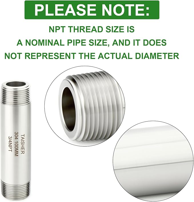 TAISHER 2PCS Stainless Steel Pipe Fittings, 3/4" NPT Male x 3/4" NPT Male Threaded, 4" Length Thickened Nipple Cast Pipe