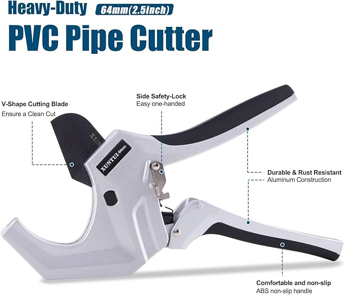 PVC Pipe Cutter for Sch 40 PVC Up to 2-1/2"Pipe Ratchet Pipe Cutter Pex Cutting Tool for Cutting PEX, PVC, PPR Plastic Hoses and Plumbing Pipe(Silver Gray, 64MM)