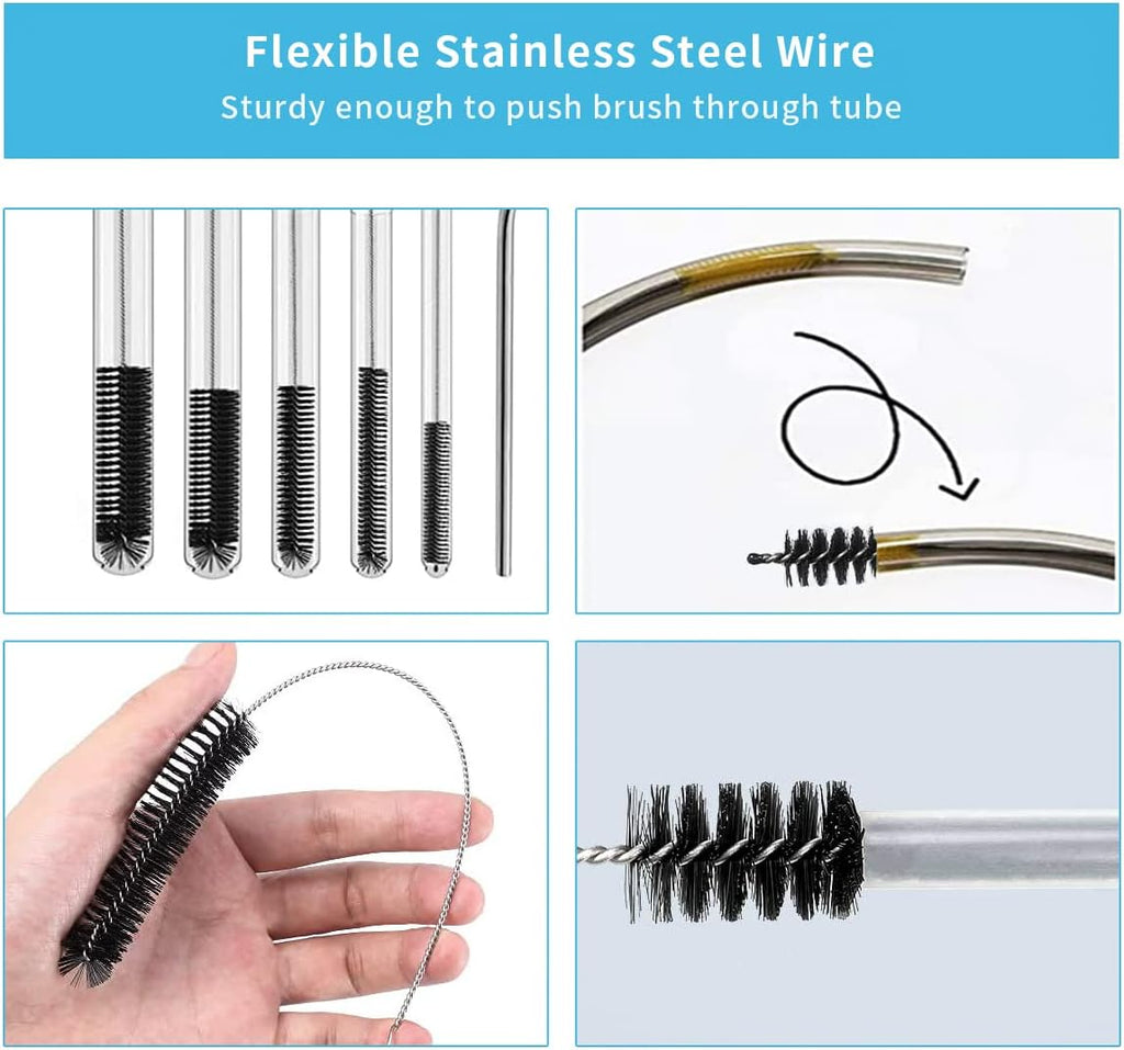 10 Pcs Flexible Drain Brush Straw Cleaner Brush Set,Pipe Cleaners Brush,61Inch Stainless Steel Double-Ended Hose Brush 8.2Inch Nylon Long CPAP Tube Cleaning Brush for Home Kitchen Sink Plumbing