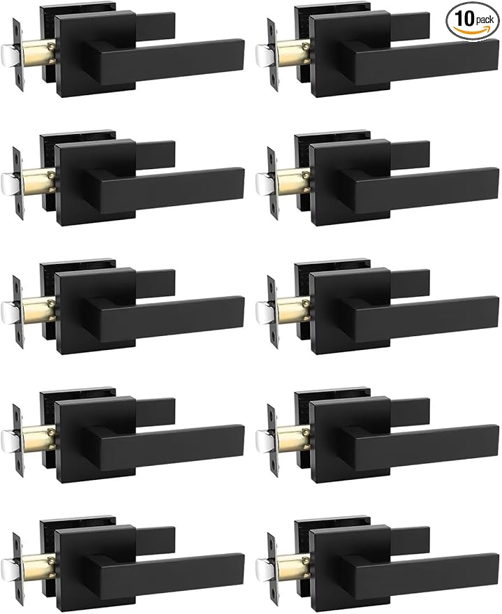 10 Pack Square Black Door Handles Interior, No Lock Passage Door Lever for Left or Right Handing, Heavy Duty Matte Black Closet Door Handle Sets