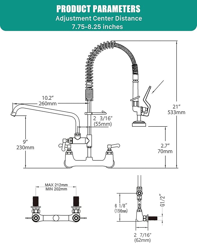 Commercial Wall Mount Kitchen Sink Faucet Brass Constructed Polished Chrome Pre-Rinse Device 25" Height 8" Center with Spring Pull Down Sprayer and 12" Add-on Spout (25 inches)