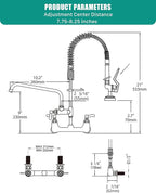 Commercial Wall Mount Kitchen Sink Faucet Brass Constructed Polished Chrome Pre-Rinse Device 25" Height 8" Center with Spring Pull Down Sprayer and 12" Add-on Spout (25 inches)