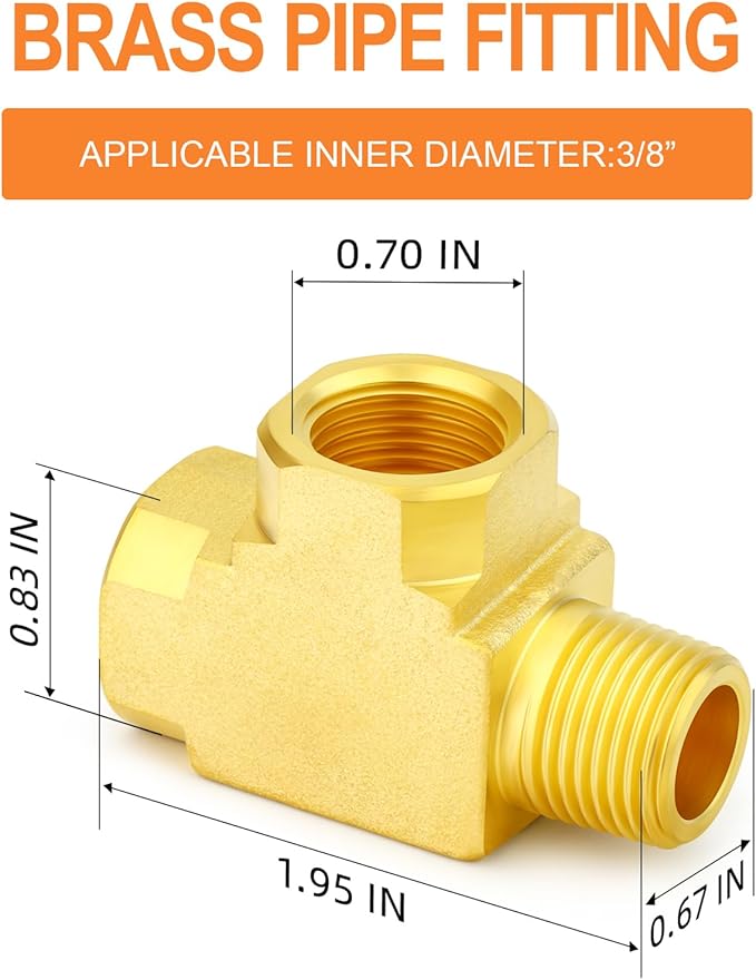 GASHER 3Pcs Brass Tee Fitting, 3/8" FNPT x 3/8" FNPTx 3/8" MNPT Pipe Fittings, Male Run Tee