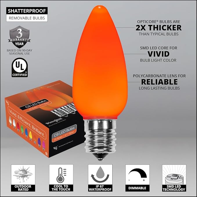 Wintergreen Lighting OptiCore 25 Count C9 LED Bulbs, Orange/Amber Smooth Finish, E17 Base Heavy Duty Replacement for Outdoor Christmas & Halloween Lighting