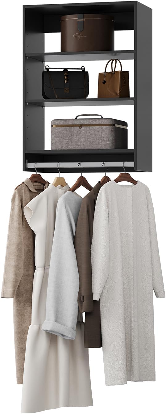 Medium Double Hanging Closet Unit, Modular Closet System, Wood Closet System Organizer with Storage for Walk in Closets, Clothing Rack Closet for Hanging Clothes, Bedroom, Black, 25.5" W