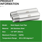 TAISHER 2PCS 304 Stainless Steel Pipe Fittings, 1/4" NPT Male Threaded, 2" Length Weld Nipple Cast Pipe
