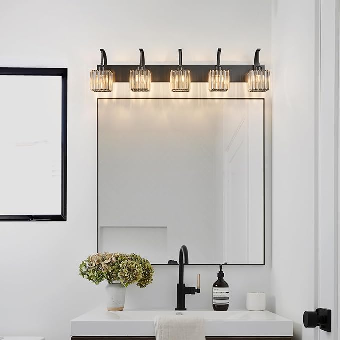 5-Light Crystal Vanity Light, Modern Black Bathroom Wall Sconce with K9 Crystal Shades, 42.51" Long Over Mirror Lighting for Vanity, Makeup, Hallway, Elegant & Easy Installation