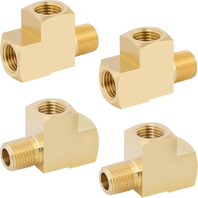 KOOTANS 4 Pack Brass Tee Fittings 1/4" NPT Female to 1/4" NPT Female to 1/4" NPT Male Barstock Street Tee Fittings 3 Way Brass Pipe Fitting
