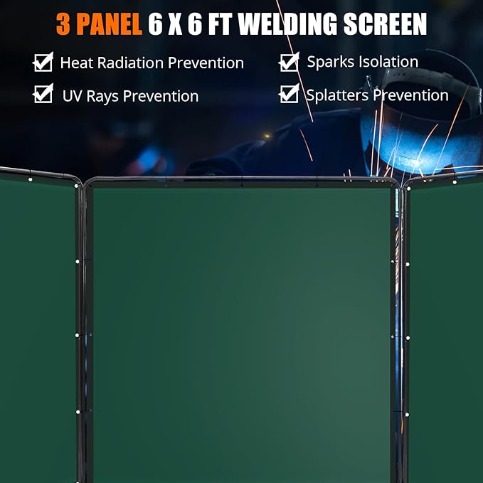 3-Panel 6x6ft Flame-Resistant Welding Screen with Lockable Wheels - Transparent PVC Welding Curtain & Steel Frame, Green Safety Partition for Workshops/Garages