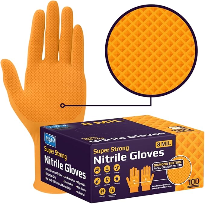 Inspire Heavy Duty Orange Nitrile Disposable Gloves | ULTRA 8 Mil Diamond Textured Grip | Industrial Mechanic Food
