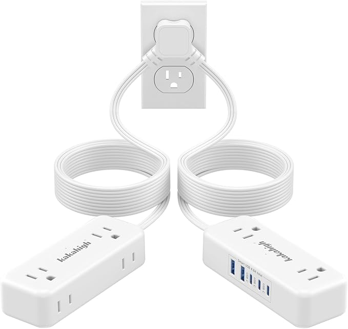 Split Extension Cord 20FT (10FT on Each Side), Single Flat Plug Twin Extension Cord with 4 AC Outlets, 2 USB-A & 3 USB-C(24W/4.8A), Nightstand Charging Station for Bedroom Dorm Room Home, His and Hers