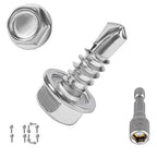 QSJ 110PCS #10 x 1/2'' Sheet Metal Screws 410 Stainless Steel Hex Washer Head Fast Self Tapping Screws with Screwdriver Bit Silver