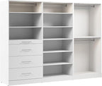 Bestar 107W x 25D Modular Closet Organizer System, Walk-in Closet with LED Lights, Rods, Shelves, and Drawers, Slab Style, Florence Collection, White