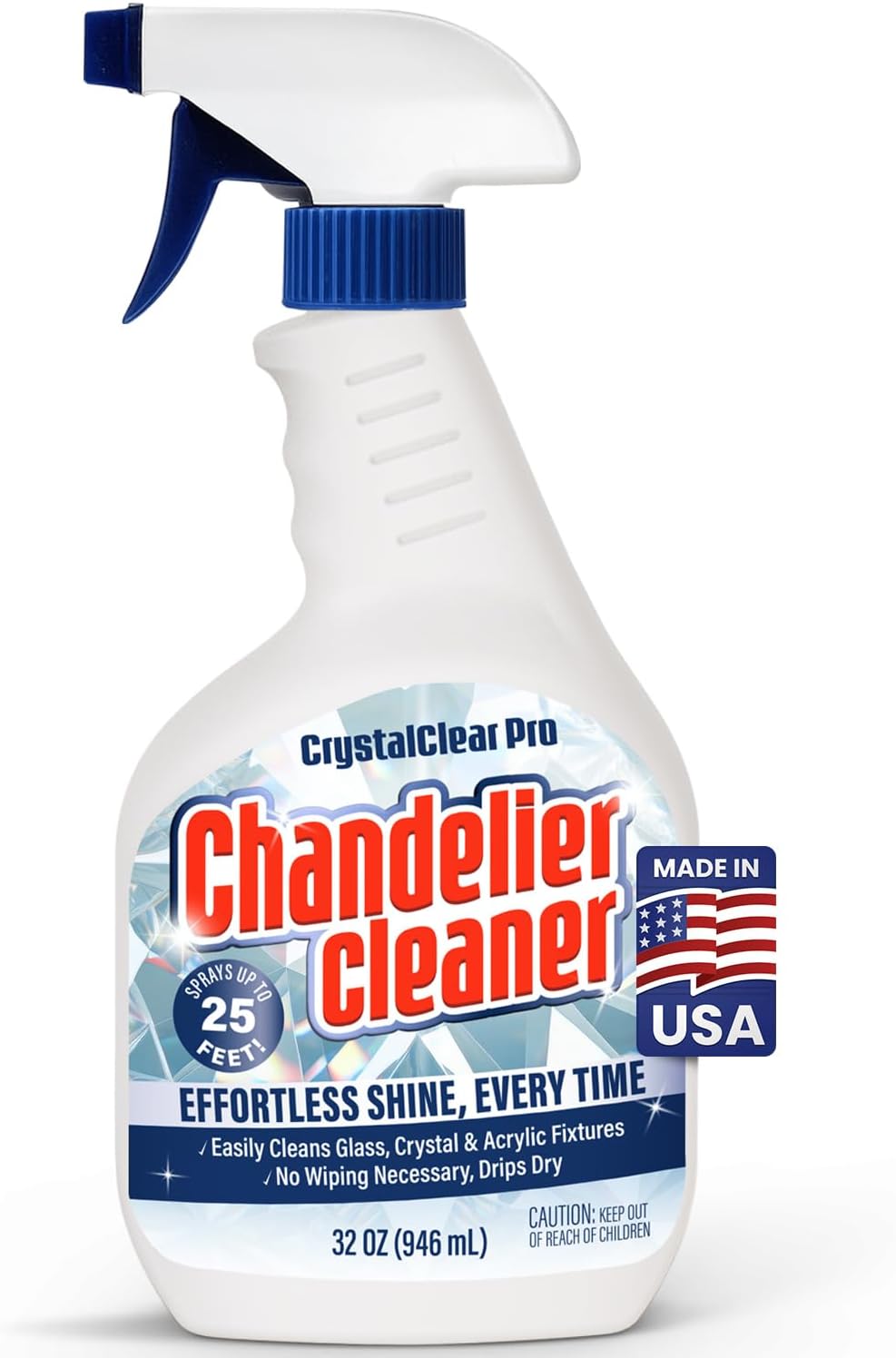 Chandelier Cleaner Drip Dry Spray - No Wipe Formula for Effortless, Streak-Free Shine on Crystal, Glass & Brass - Sprays up to 25 feet! Biodegradable, Non-Toxic & Time-Saving, 32 oz - Made in USA