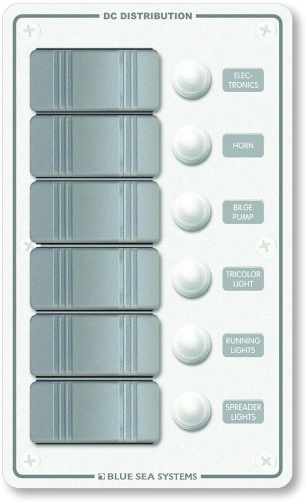 Blue Sea Systems 8273 Contura Water Resistant 12V DC Circuit Breaker Panel, White, 6 Position