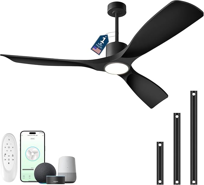 52" Smart Ceiling Fan with Lights,Outdoor Ceiling Fan Work with Alexa/Gg/App/Remote,3-Color Light Dimmable 6-Speed Quiet Reversible for Patio Porch Bedroom,Black