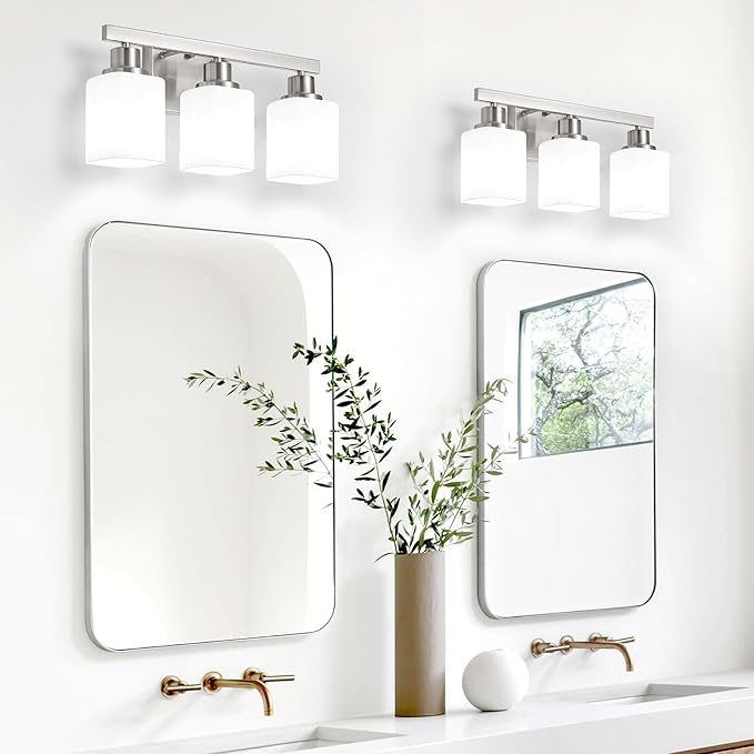 3-Light Bathroom Vanity Light,Brushed Nickel Vanity Lights with Square Frosted Glass,Modern Bathroom Wall Lights Fixtures Over Mirror,Wall Sconces Lighting for Bedroom Living Room,E26