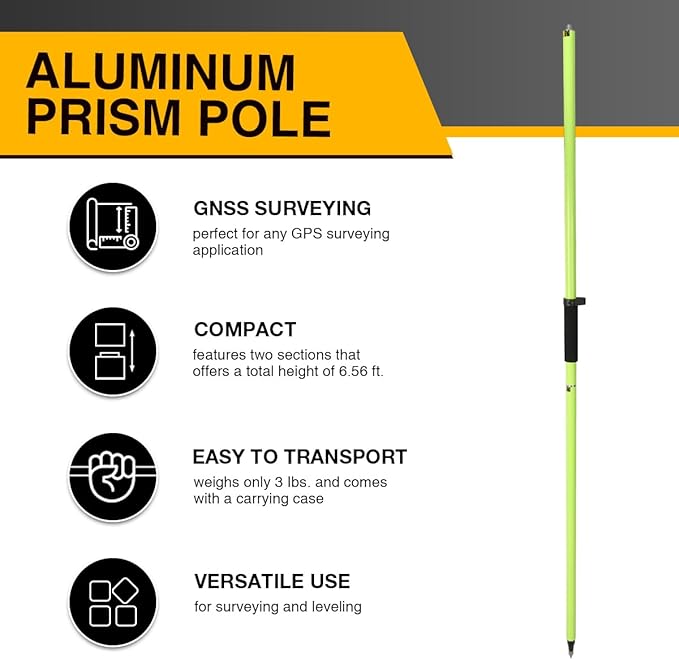 GPS Pole, 6.6FT Surveying Prism Pole, 2M Prism Pole for Land Surveying, Black