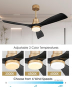52" Modern Black and Gold Ceiling Fan with Lights and Remote, ETL Listed, 3 Downrods, 3 Wood Blade Gold Black Ceiling Fans, Reversible Quiet DC Motor, 3 Timer for Outdoor Patio Waterproof Bedroom