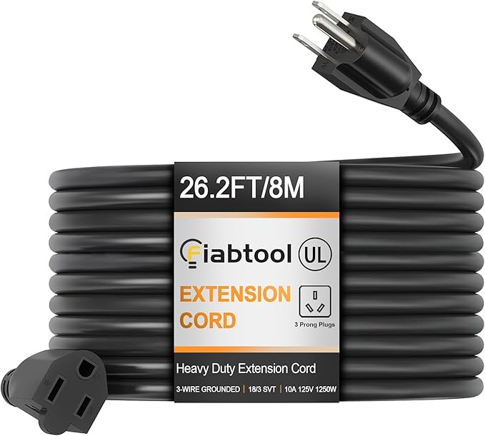 Black Outdoor Extension Cord, 26.2FT 1250W 10A, 18/3 SVT, 3-Prong Grounded Plugs, Waterproof Heavy-Duty Cable, Weather-Resistant Power Cable for Home, Garden, Workshop