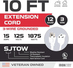 Iron Forge Cable 12 Gauge Outdoor Extension Cord 10 Ft, SJTOW 12/3 Heavy Duty White Extension Cord 3 Prong, Oil Resistant & Flame Retardant