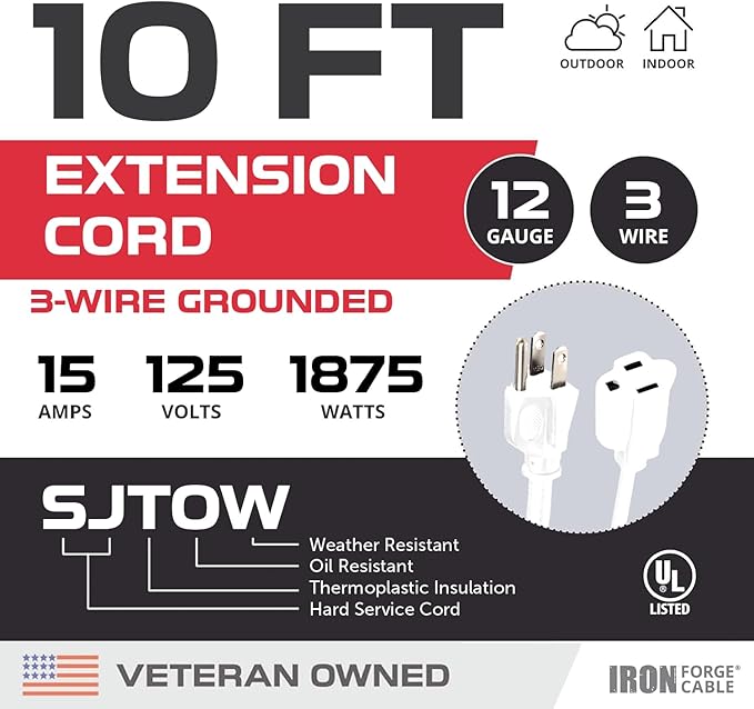Iron Forge Cable 12 Gauge Outdoor Extension Cord 10 Ft, SJTOW 12/3 Heavy Duty White Extension Cord 3 Prong, Oil Resistant & Flame Retardant
