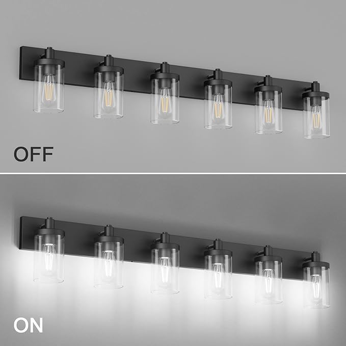 Aipsun 48in Vanity Light Black Bathroom Vanity Lighting Fixtures 6 Light Bathroom Light Fixtures with Clear Glass Shade(Exclude Bulb)