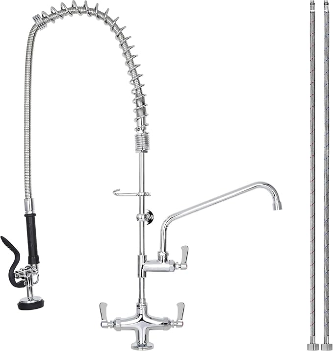 36" Height Commercial Sink Faucet Deck Mount with Pre-Rinse Sprayer, Commercial Kitchen Faucet with 10" Add-on Swing Spout Faucet & Spring Pull Down Sprayer, 8" Adjustable Center Kitchen Faucet