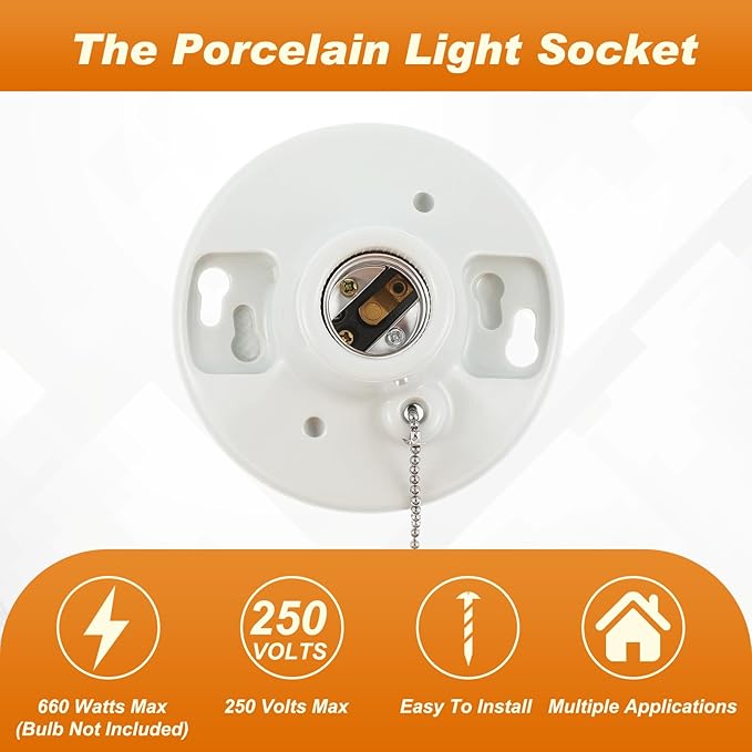 2 Pcs Porcelain Light Socket with Pull Chain White Bulb E27/E26 Socket Porcelain Outlet Box Mount Ceiling Light Fixture for Indoor Garage Closet Lighting
