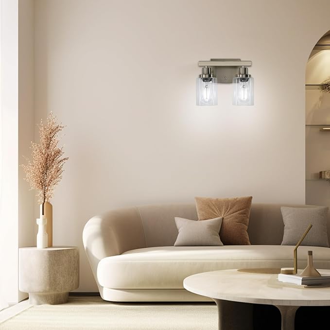 Bathroom Vanity Light, 2-Light Nickel Modern Matte Wall Sconce Lighting with Clear Glass Shade, Wall Lights,Bath Vintage Wall Mounted Lamps for Mirror Bedroom Living Room