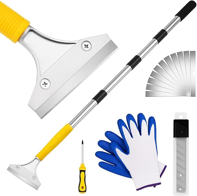 DIYSELF Scraper Tool 5.4ft (65in) Adjustable Floor Scraper Long Handle Heavy Duty Paint Scraper 4 Inch Razor Blade Scraper for Windows Glass Cleaning Shower Gum Tile Scraper Ceiling Scraper