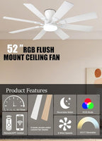52 inch Ceiling Fan with Light, 6 Speeds Reversible Low Profile Ceiling Fan with Light and Remote/APP Control, 3 Color Temp+Dimmable RGB, 8 Blades, Flush Mount Quiet Ceiling Fans, White