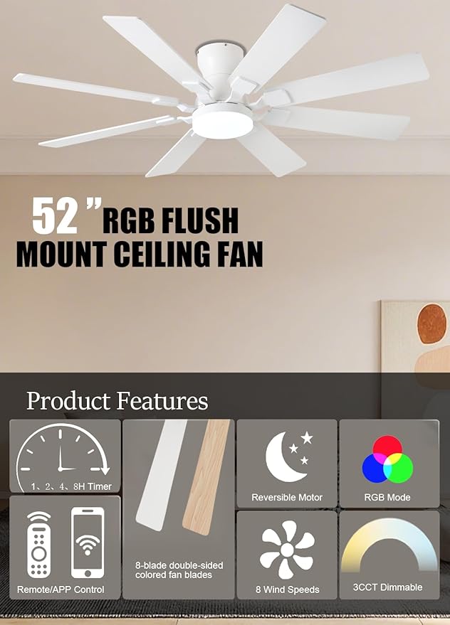 52 inch Ceiling Fan with Light, 6 Speeds Reversible Low Profile Ceiling Fan with Light and Remote/APP Control, 3 Color Temp+Dimmable RGB, 8 Blades, Flush Mount Quiet Ceiling Fans, White