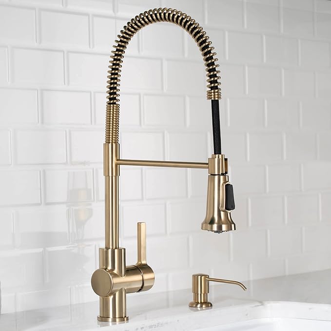 KRAUS Britt Commercial Style Pre-Rinse Kitchen Faucet with Deck Plate in Brushed Gold, KPF-1690BG