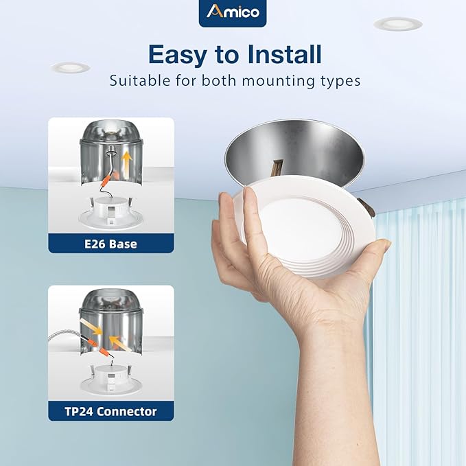 Amico 48 Pack 4 inch 5CCT LED Recessed Lighting, Dimmable, 8.5W=60W, 650LM, 2700K/3000K/4000K/5000K/6000K Selectable, Retrofit Can Lights with Baffle Trim, IC & Damp Rated - ETL & FCC Certified