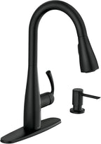 Moen Essie Matte Black Single Handle Pull-Down Sprayer Kitchen Faucet with Soap Dispenser, Reflex and Power Clean Technology, 87014BL