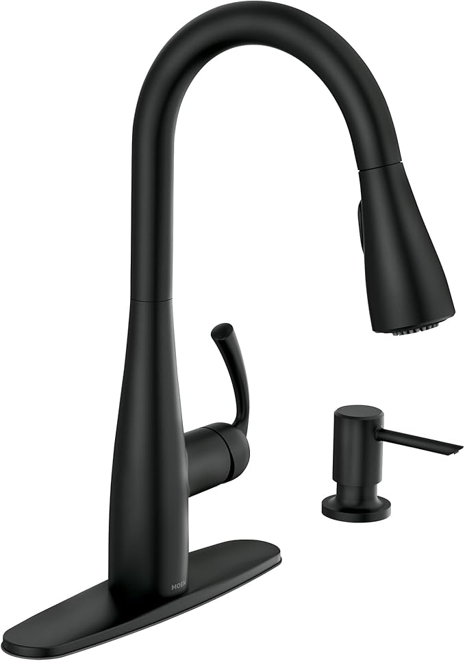 Moen Essie Matte Black Single Handle Pull-Down Sprayer Kitchen Faucet with Soap Dispenser, Reflex and Power Clean Technology, 87014BL