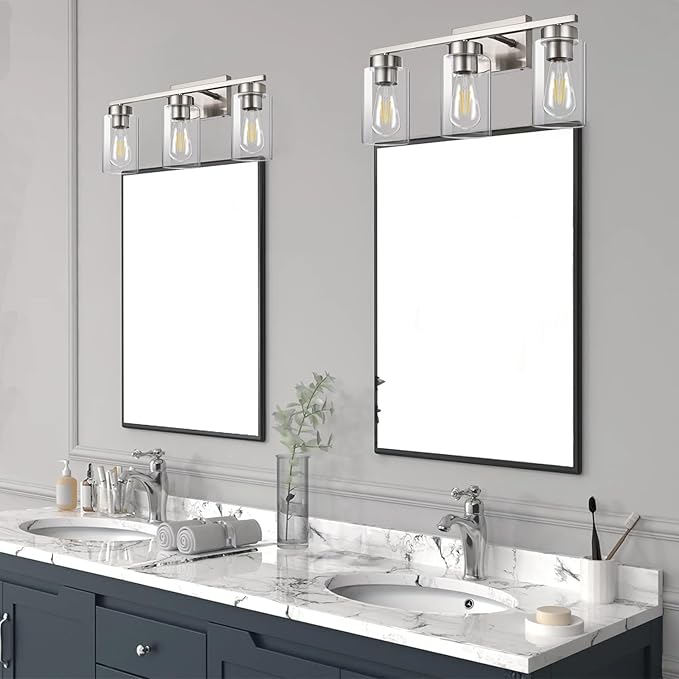 3-Light Bathroom Vanity Light, Modern Brushed Nickel Wall Lights with Clear Glass Shades, Bathroom Wall Sconce Lamp for Mirror Living Room Bedroom Hallway