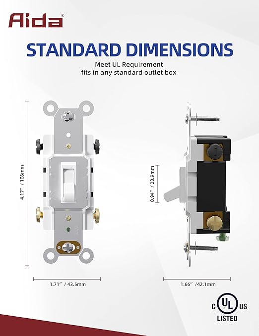AIDA 3 Way 15 Amp Quiet Indoor Toggle Switch Self-Grounding ON Off Toggle, Residential Grade, UL Listed, Quickwire Push-in & Side Wired (White, 20 Pack)
