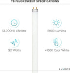 LUXRITE LR20730 (12-Pack) F32T8/841 32-Watt 4 FT T8 Fluorescent Tube Light Bulb, Cool White 4100K, 2800 Lumens, G13 Medium Bi-Pin Base