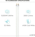 LUXRITE LR20730 (6-Pack) F32T8/841 32-Watt 4 FT T8 Fluorescent Tube Light Bulb, Cool White 4100K, 2800 Lumens, G13 Medium Bi-Pin Base