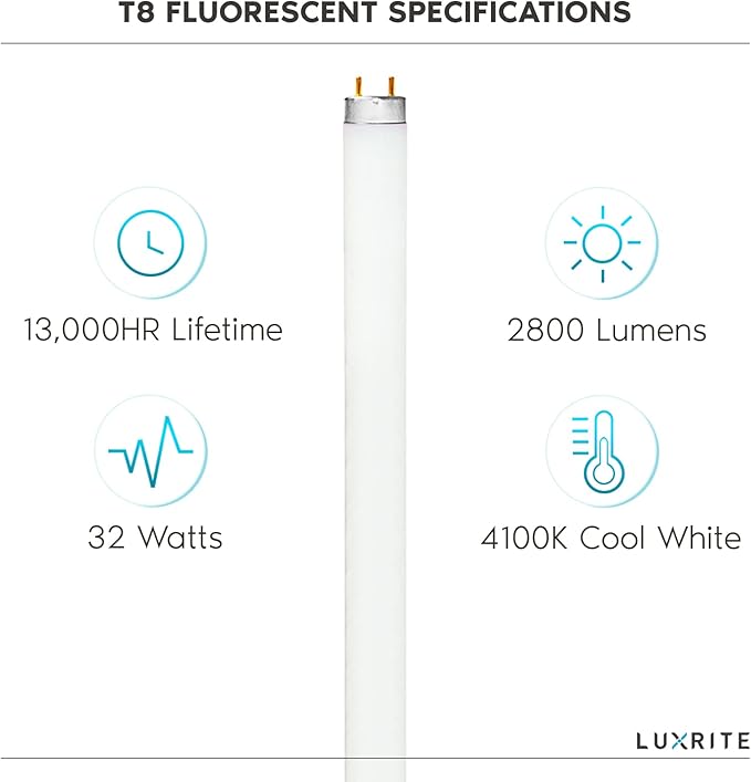 LUXRITE LR20730 (10-Pack) F32T8/841 32-Watt 4 FT T8 Fluorescent Tube Light Bulb, Cool White 4100K, 2800 Lumens, G13 Medium Bi-Pin Base