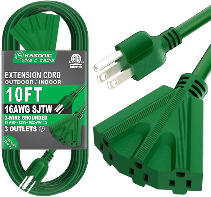 K KASONIC - 10 Ft Extension Cord with 3 Outlets, UL Listed 16/3 SJTW 3-Wire Grounded, 13A 125V 1625W for Indoor/Outdoor Use - Green