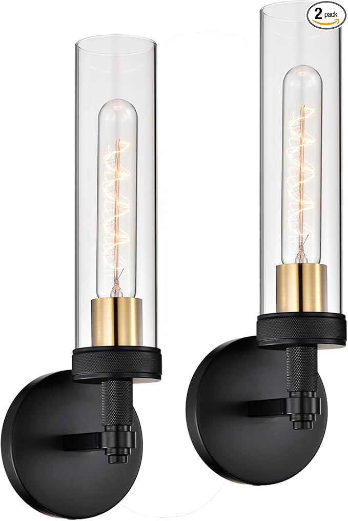 Black Wall Sconces Set of Two,Knurled Texture Modern Wall Sconce,Tube Clear Glass Matte Black Vanity Light,Industrial Bathroom Sconces Wall Lighting,Wall Lights for Bedroom,Living Room,Hallway